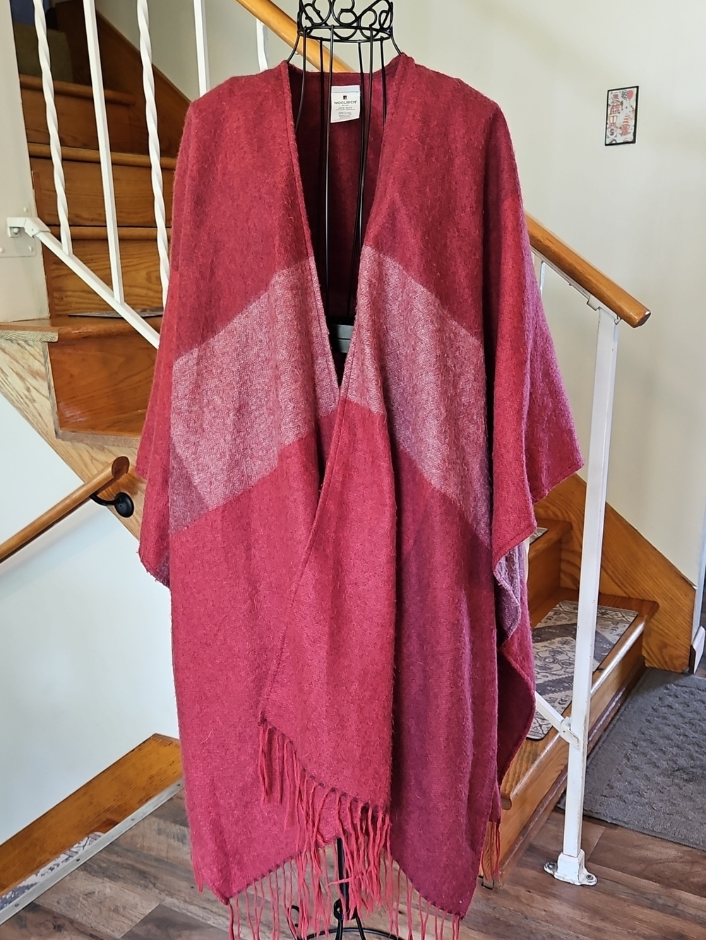 👚Woolrich Red Open Knit Poncho with Fringe